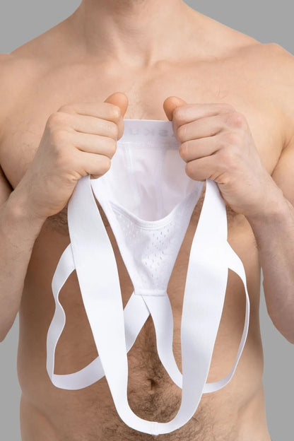 Maskulo White Microfiber Jockstrap. Everyday Underwear for men with push-up effect, breathable mesh, polyester/elastane blend.