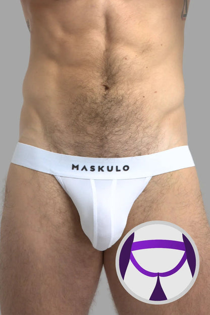 Maskulo White Microfiber Jockstrap. Everyday Underwear for men with push-up effect, breathable mesh, polyester/elastane blend.