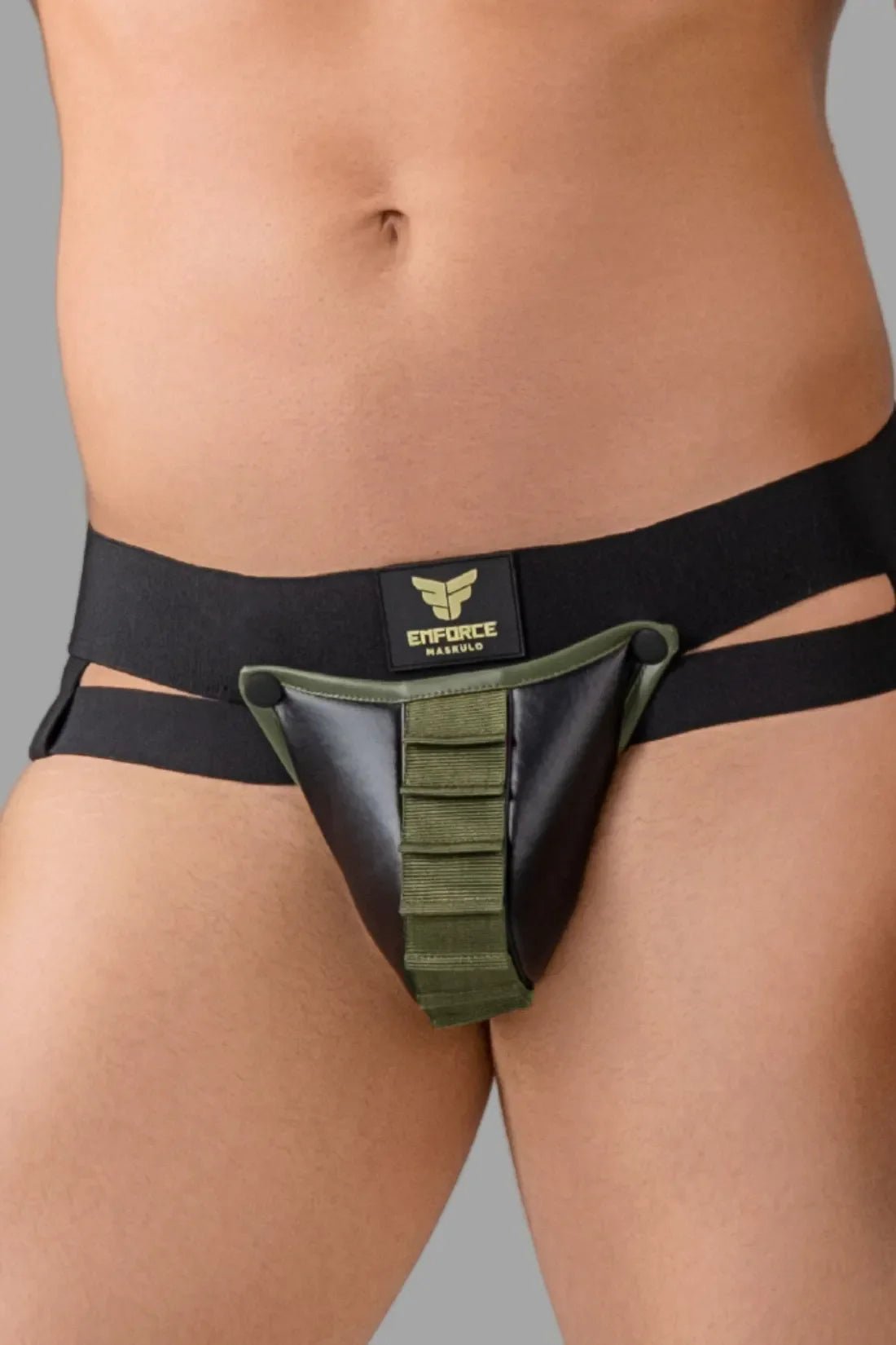 Maskulo &quot;Enforce&quot; shot belt codpiece jockstrap, featuring a supportive pouch and belt design.