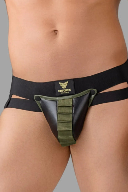 Maskulo &quot;Enforce&quot; shot belt codpiece jockstrap, featuring a supportive pouch and belt design.