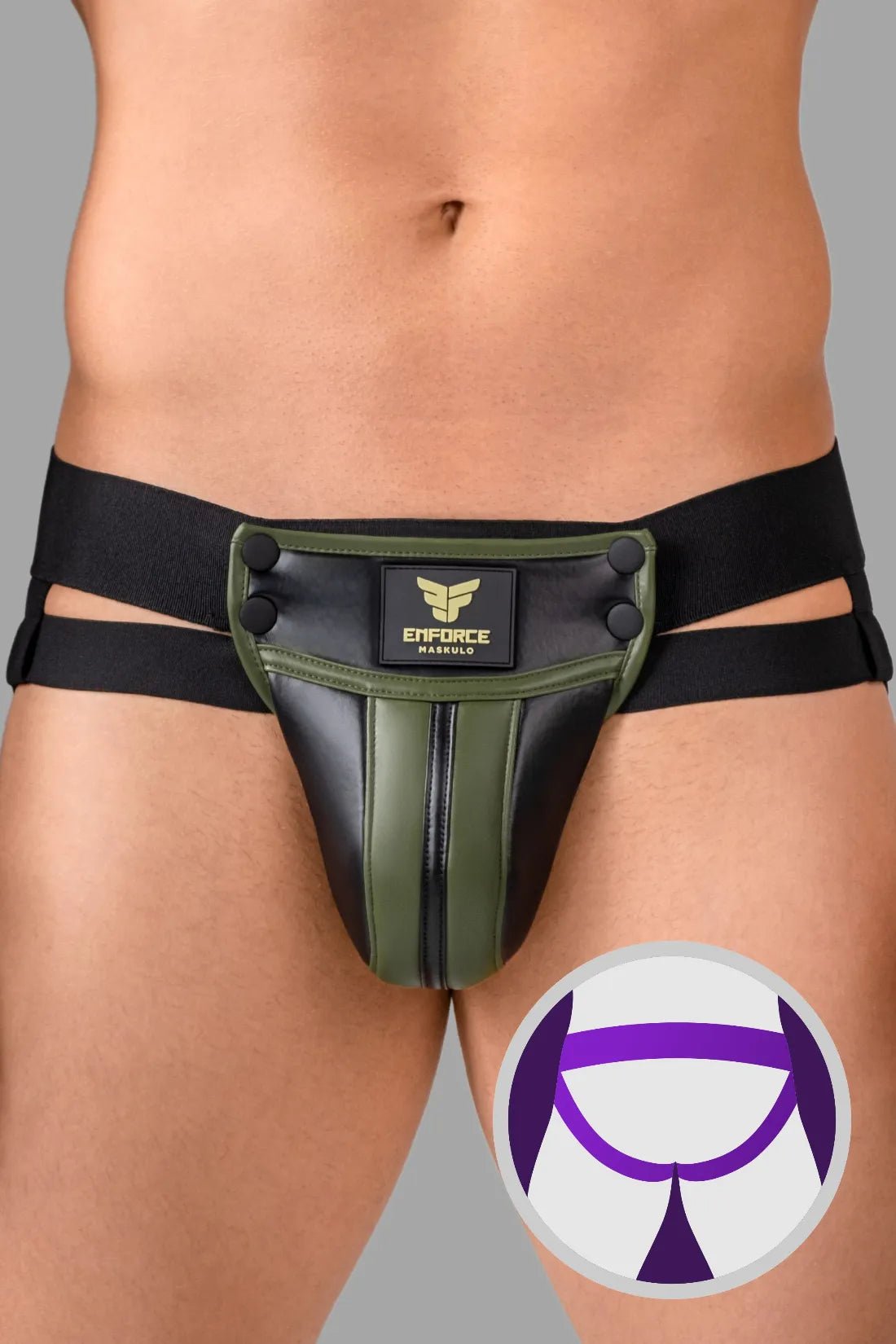 Maskulo Falcon Enforce Pouch Jockstrap in Black/Green, polyester/polyurethane blend, featuring a waist-high detachable pouch, men&