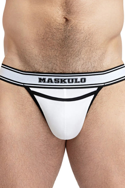 Maskulo College Cotton Jockstrap in white and black. Everyday jockstrap with soft push-up, 95% cotton, 5% elastane, and breathable material.