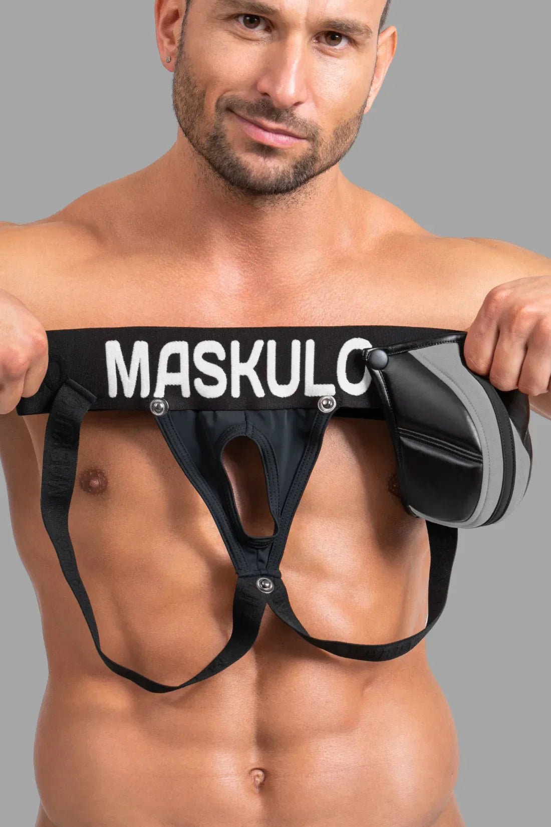 Black and Grey Reflective Light Jockstrap with Big Bulge for Maskulo Global (EU) online store.