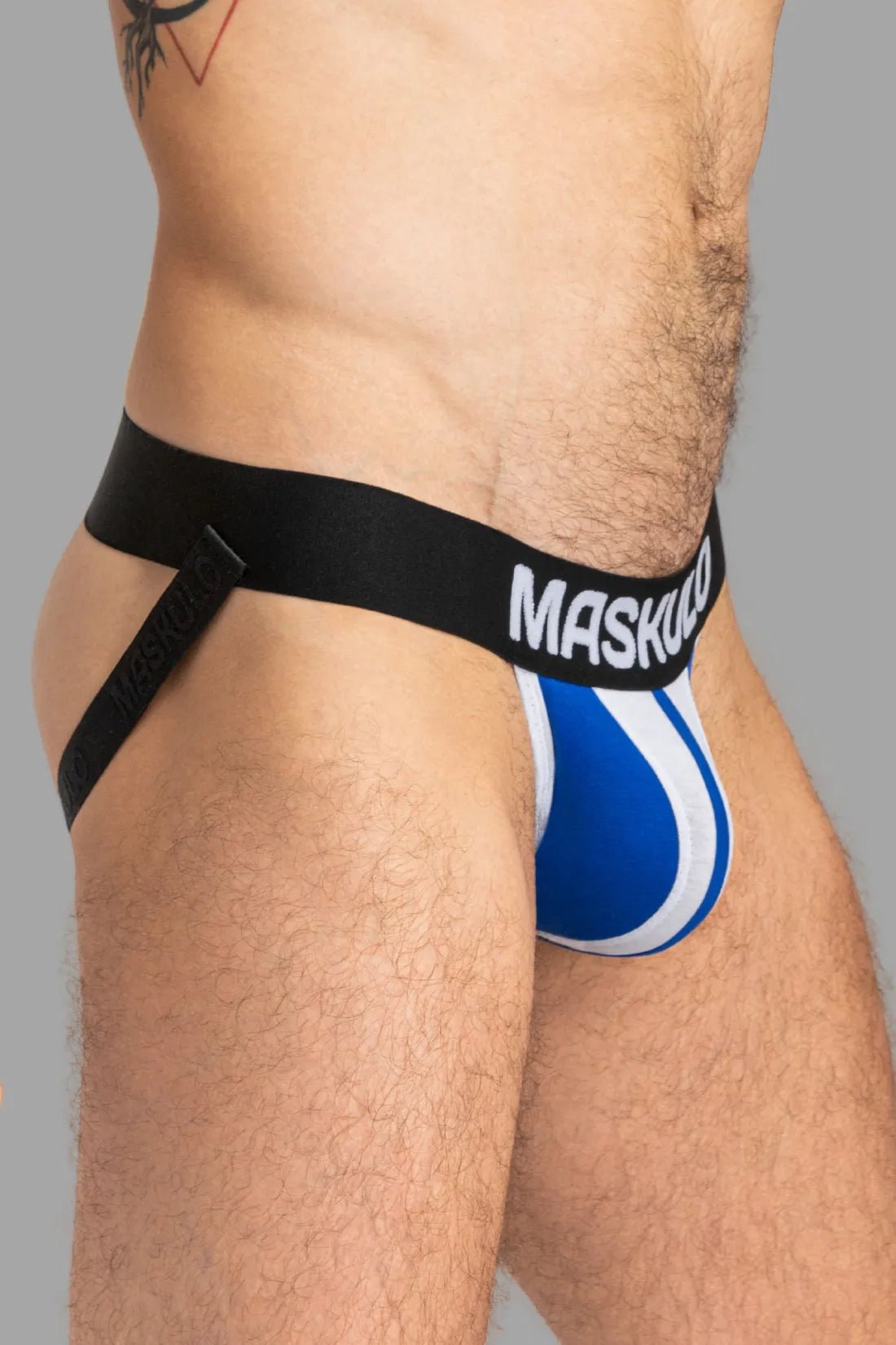 Maskulo Tiger Jockstrap with Pouch Snap in White and Blue. Men&