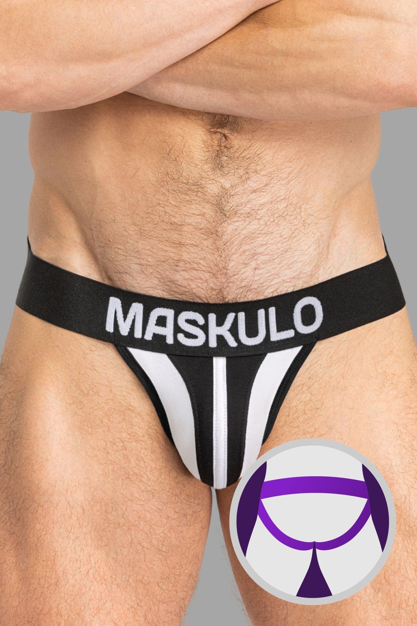Maskulo TIGER Jockstrap, white &amp; black, 100% cotton everyday underwear with POUCH-SNAP for customizable bulge size. Global store.