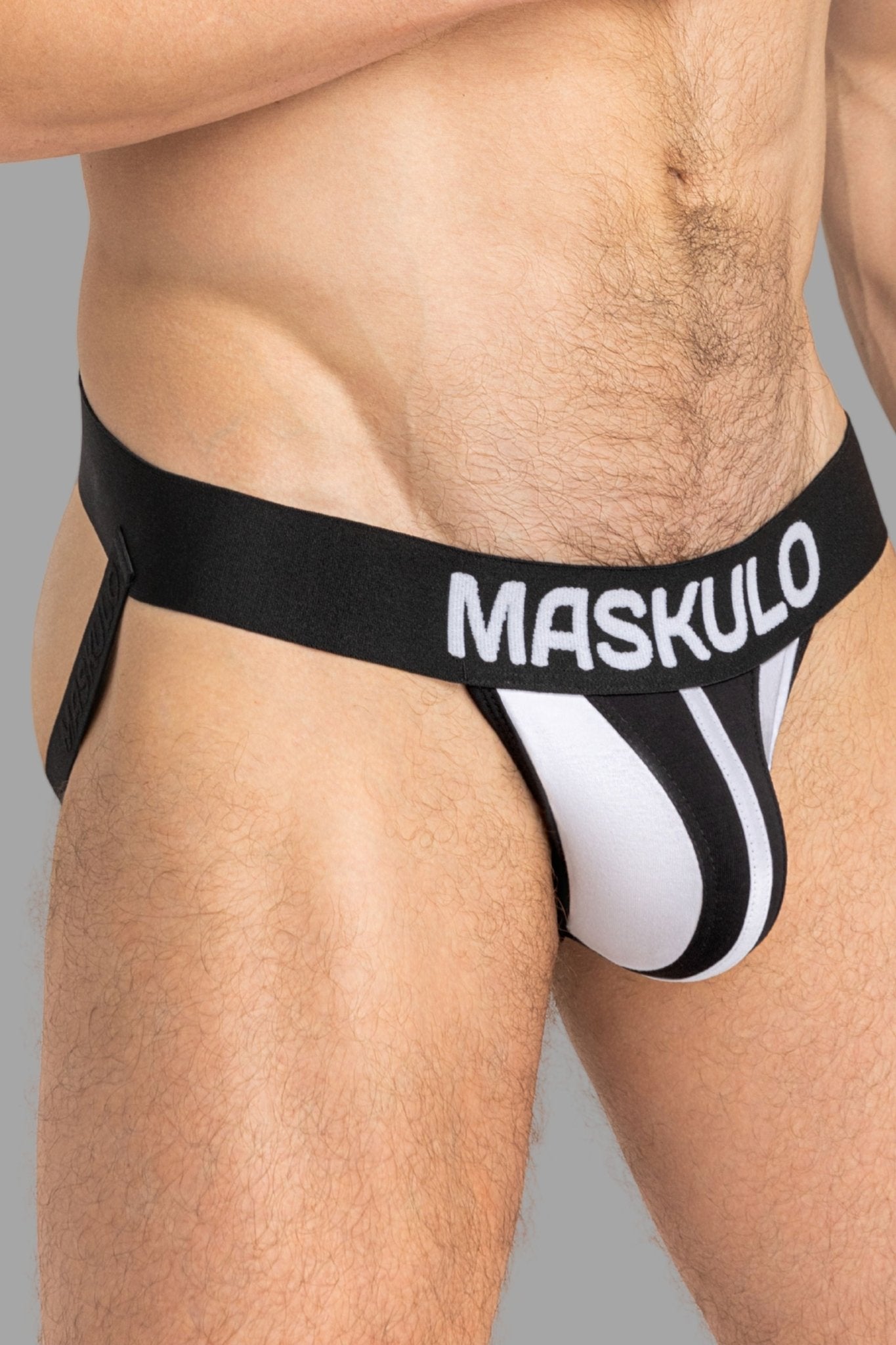 Maskulo TIGER Jockstrap, white &amp; black, 100% cotton everyday underwear with POUCH-SNAP for customizable bulge size. Global store.