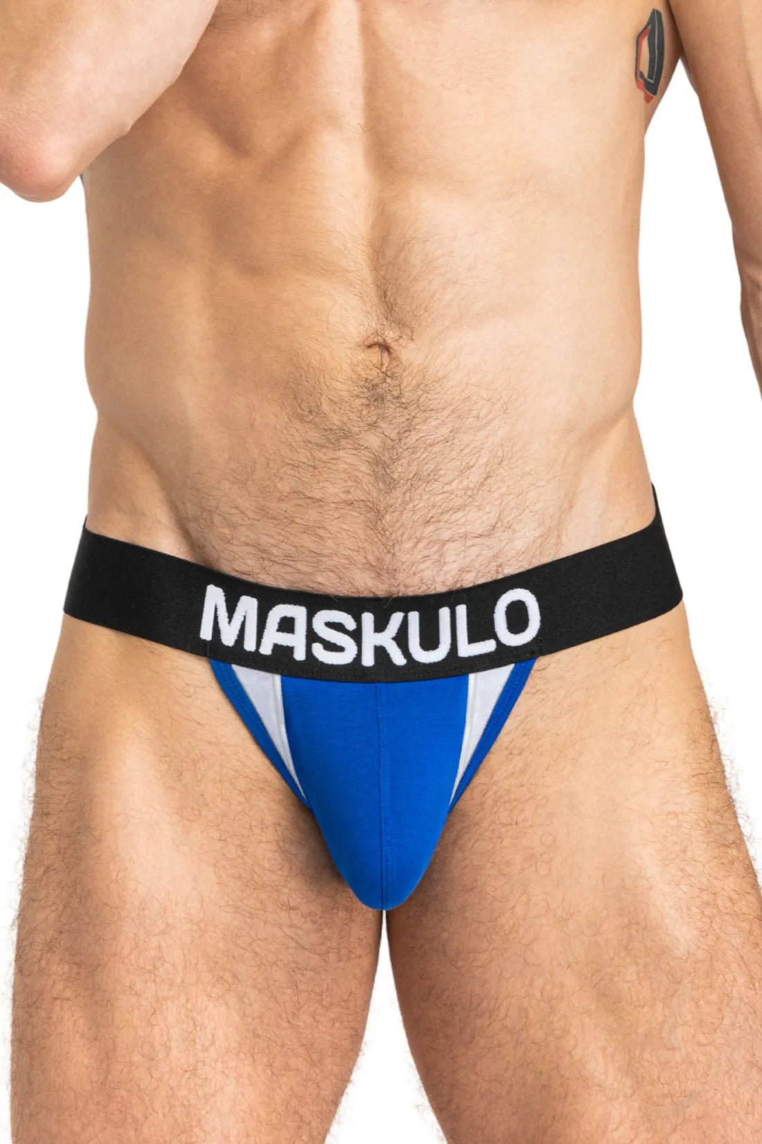 Maskulo Captain-A Jock O-INSIDE-POUCH in blue/black, 100% cotton everyday jockstrap with O-pocket for comfort and support.