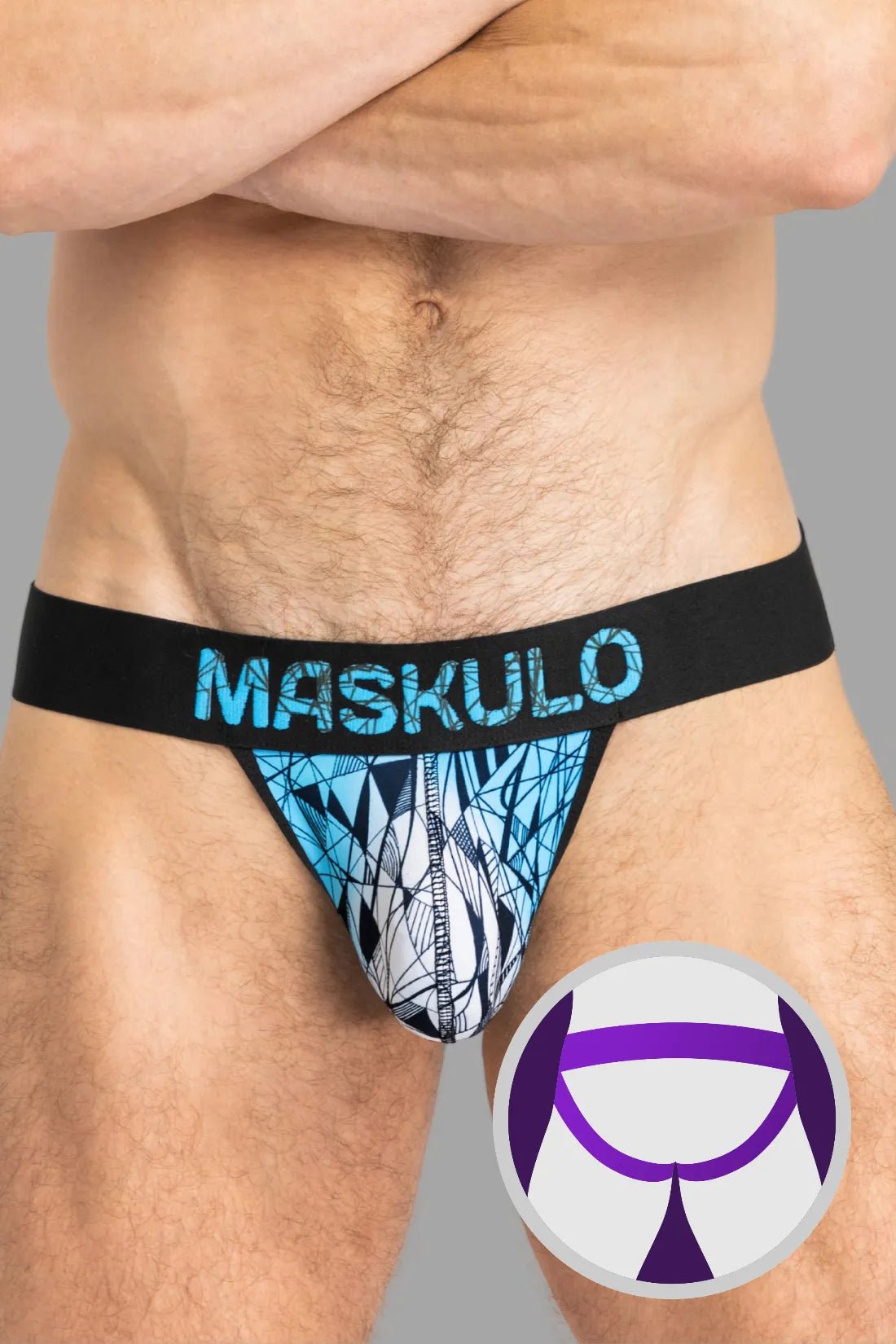 Maskulo ARMOR Black/Blue Jockstrap with ART-X effect print. Cotton/elastane everyday underwear for comfort &amp; support, MJS156.