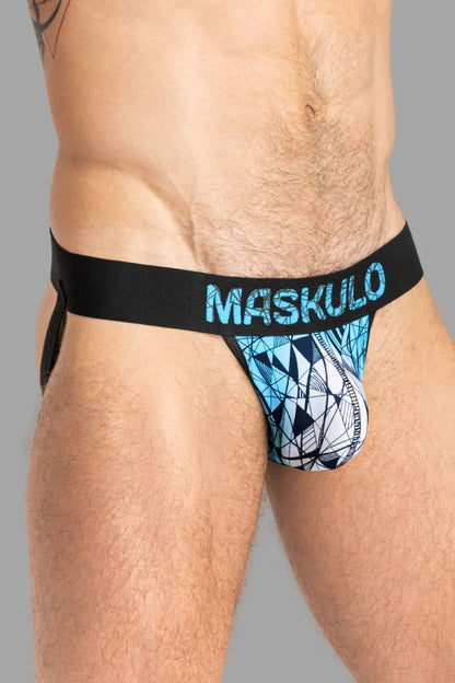 Maskulo ARMOR Black/Blue Jockstrap with ART-X effect print. Cotton 95% and elastane 5% blend for comfort and stretch. Everyday Underwear.
