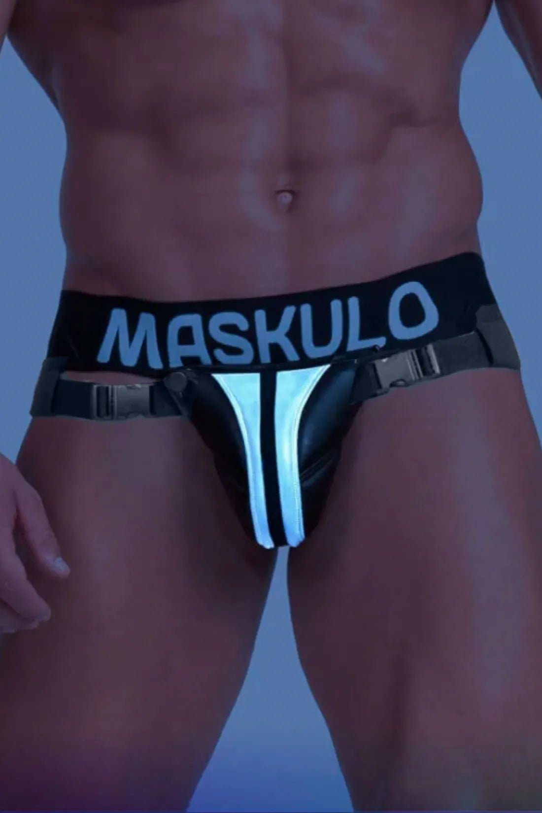 Maskulo Black/Grey Reflective Jock with Plastic Fasteners. Comfortable underwear with removable &