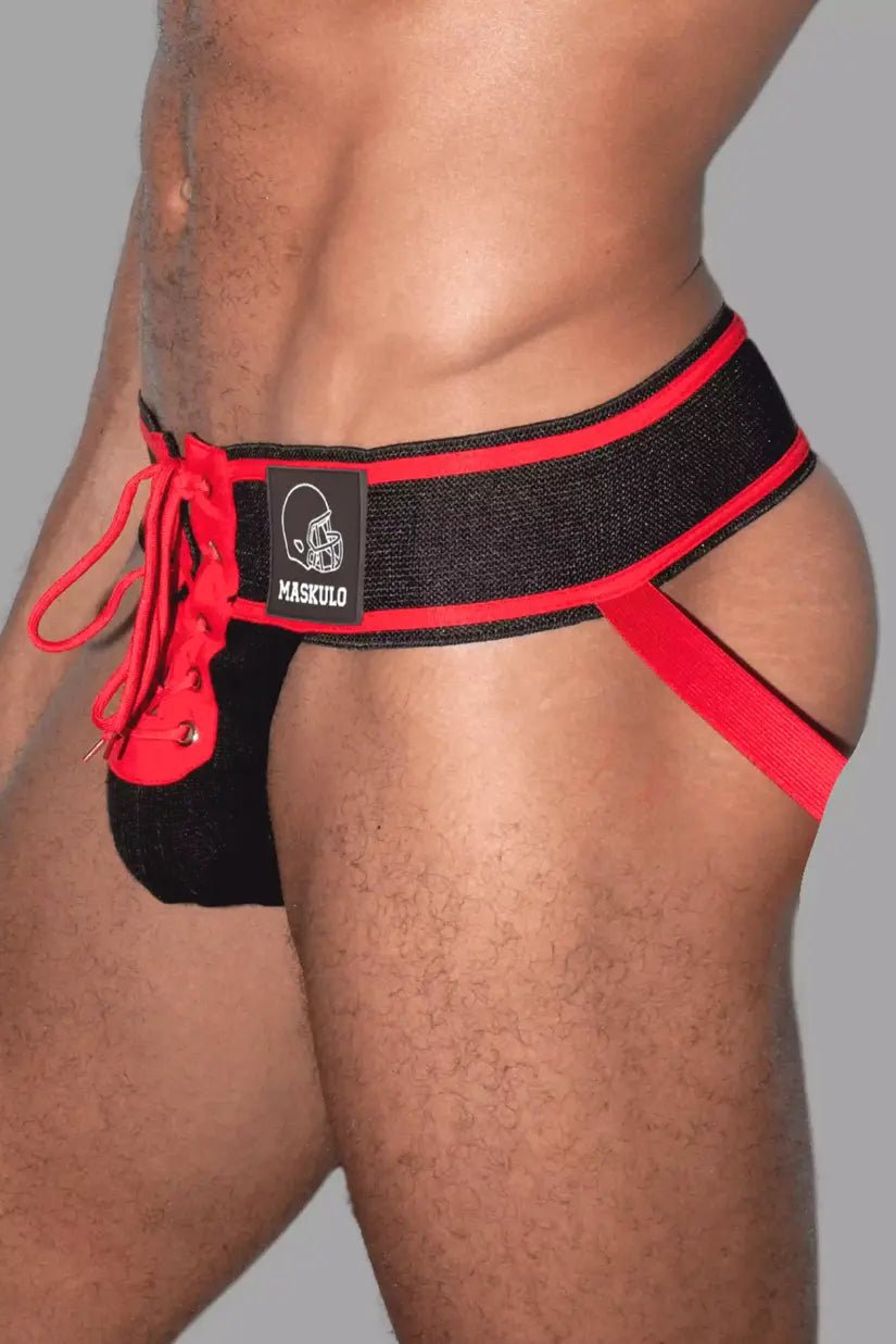 Maskulo Jett Gridd-Iron American Football style Black/Red jockstrap, soft mesh pouch, PVC logo patch, lacing detail, wide waistband.