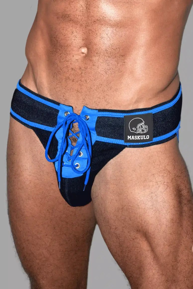 Maskulo Liam Gridd-Iron American Football Jockstrap in Black &amp; Royal Blue. Mesh pouch, lacing design, wide waist band (MJS191).