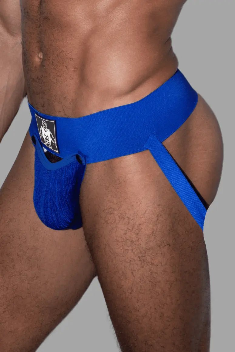 Royal Blue Cork Cyclone jockstrap by Maskulo. Features rough design, removable soft mesh pouch with snap buttons, wide 7.5cm waistband.