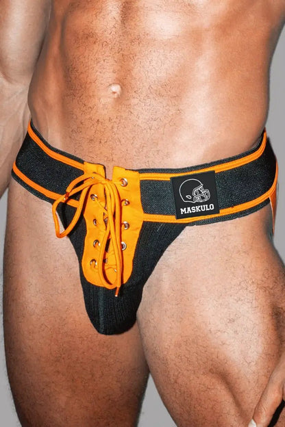 Maskulo Matt Gridd-Iron American Football Jockstrap, Black/Orange. Mesh pouch, lacing design, wide 7.5cm waistband (MJS203).