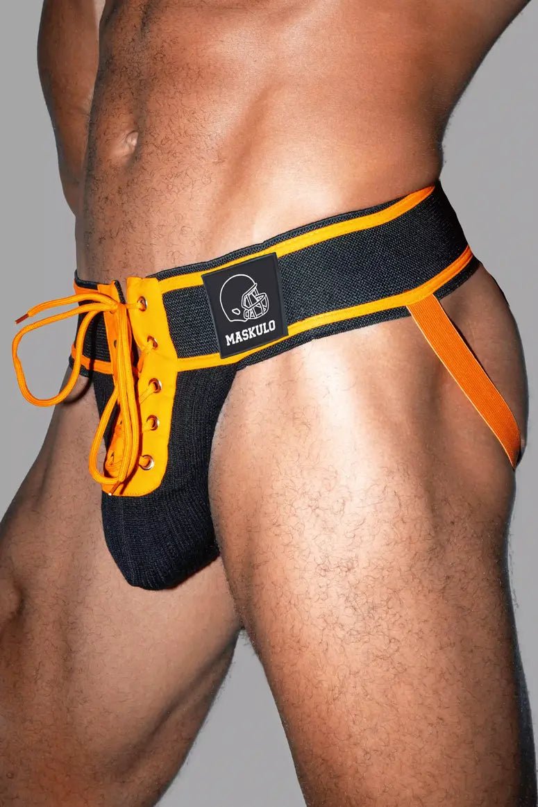 Maskulo Matt Gridd-Iron American Football Jockstrap, Black/Orange. Mesh pouch, lacing design, wide 7.5cm waistband (MJS203).