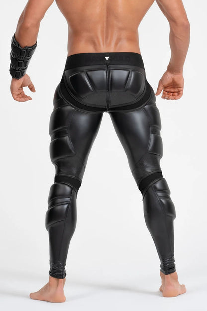 Black leggings with a prominent bulge design by Maskulo for men. High-quality fashion apparel for sale at the Maskulo Global (EU) online store.