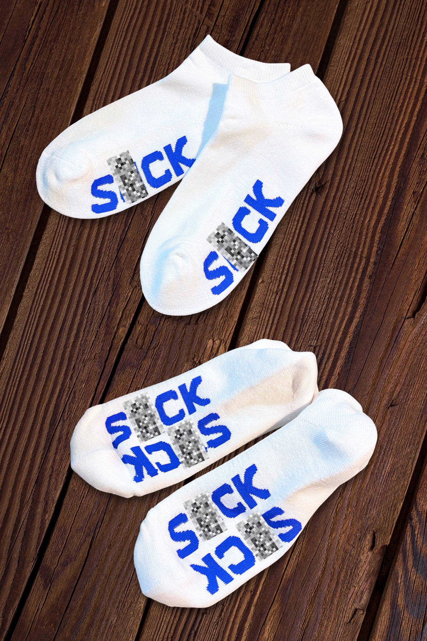 Maskulo White + Blue "S*CK" Ankle Socks. Thick, comfortable material, one size (EU 38-43) fit. Unique accessory for adults.