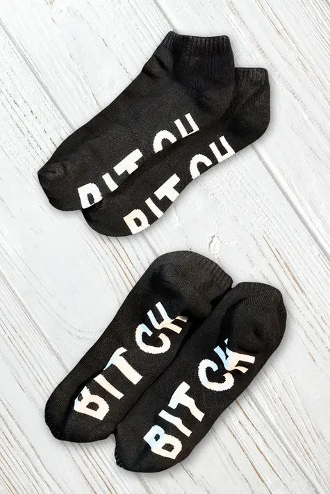 Black and White Ankle Socks "B*TCH" by Maskulo. Thick material, one size fits most (EU 38-43). MSC110-YX.