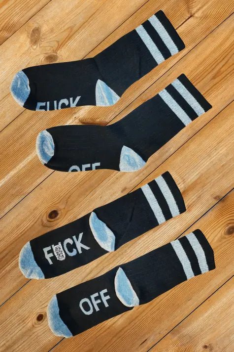 Maskulo &quot;F*CK OFF&quot; Crew Socks in Black and Gray. Thick material, one-size (EU 38-43) accessory with explicit wording on the sole. MSC115-YX.