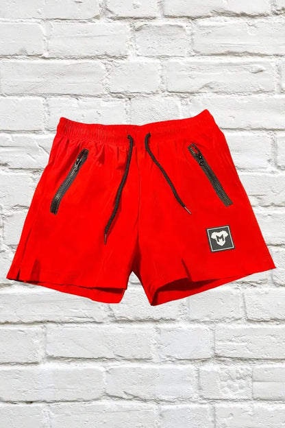 Maskulo double soft nylon red shorts (MSH249-Y4) with zip pockets for men, available in XL. Comfortable and durable gym wear.