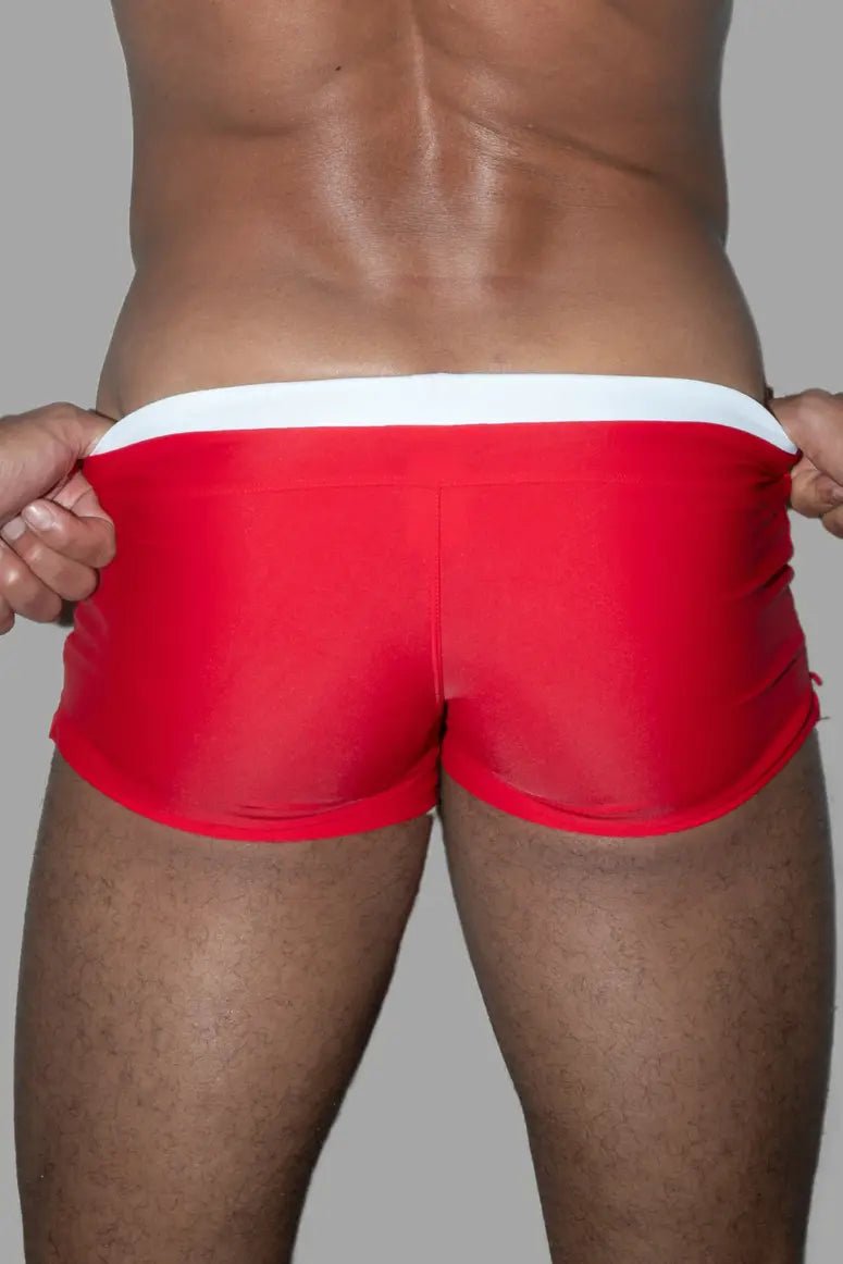 Derek Chase Club Shorts with Pocket from Maskulo Global (EU). Red/White, tight-fit swimwear made of Polyamide/Spandex.