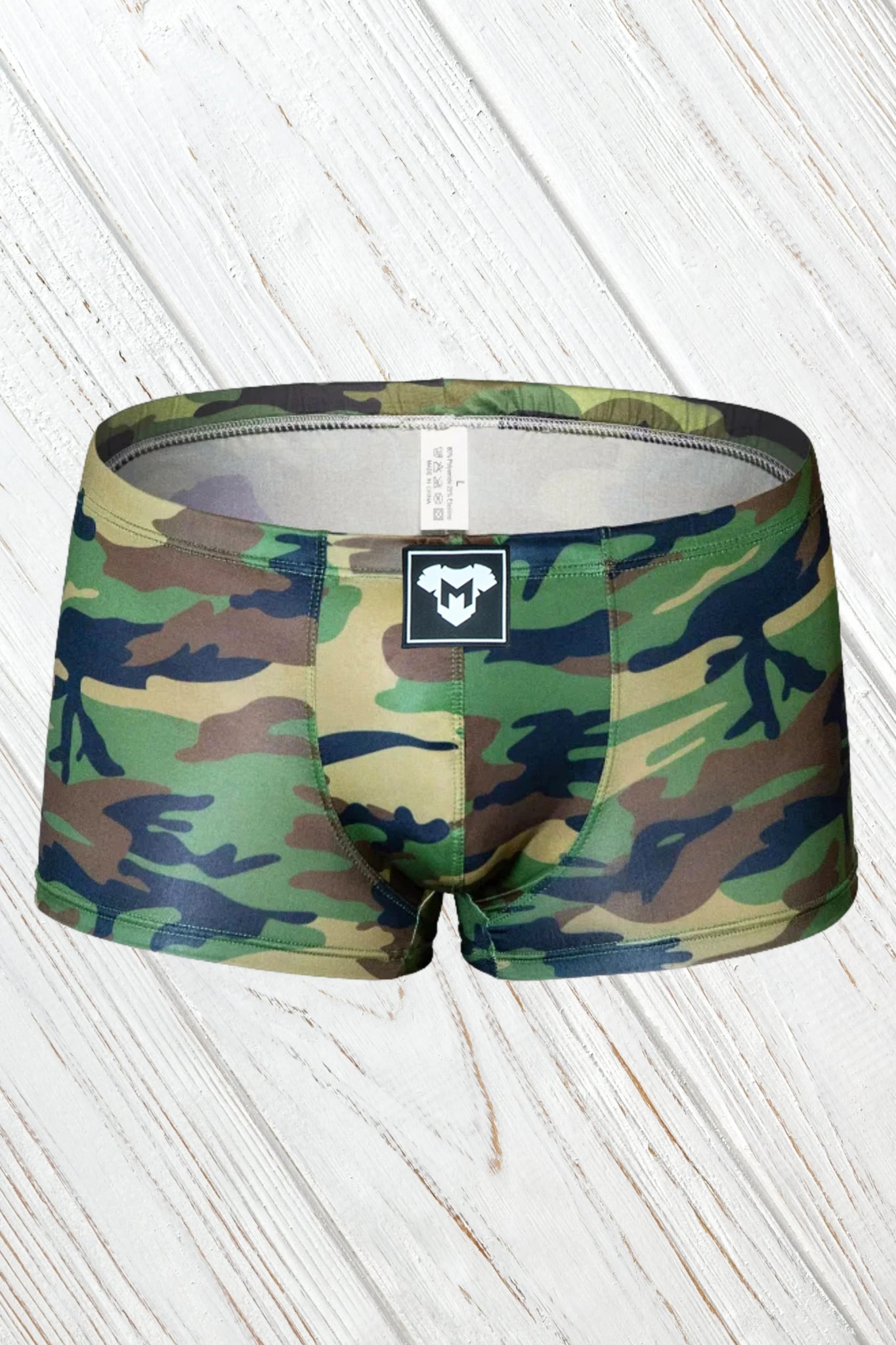 Maskulo Hue Sleek Silky Trunk Shorts in Camouflage Woodland. Super tight, smooth, stretchy shorts with 3D logo, designed for very tight fit.