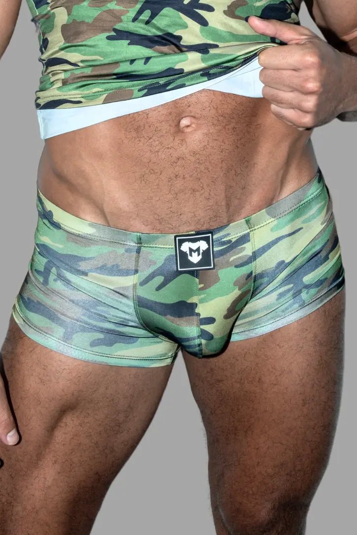 Maskulo Hue Sleek Silky Trunk Shorts in Camouflage Woodland. Super tight, smooth, stretchy shorts with a 3D logo. MSH266.