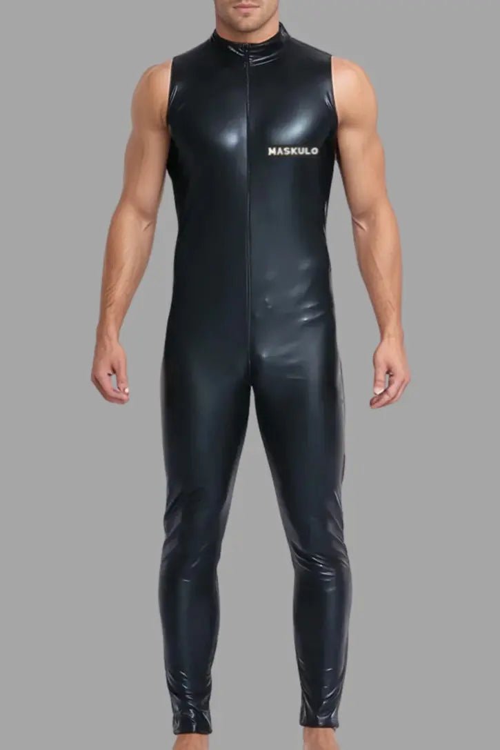 Black PU leather &quot;Ryan Ironbod&quot; sleeveless full suit in size M from Maskulo, price 99. SKU: MST102-Y2. Ideal for adults.