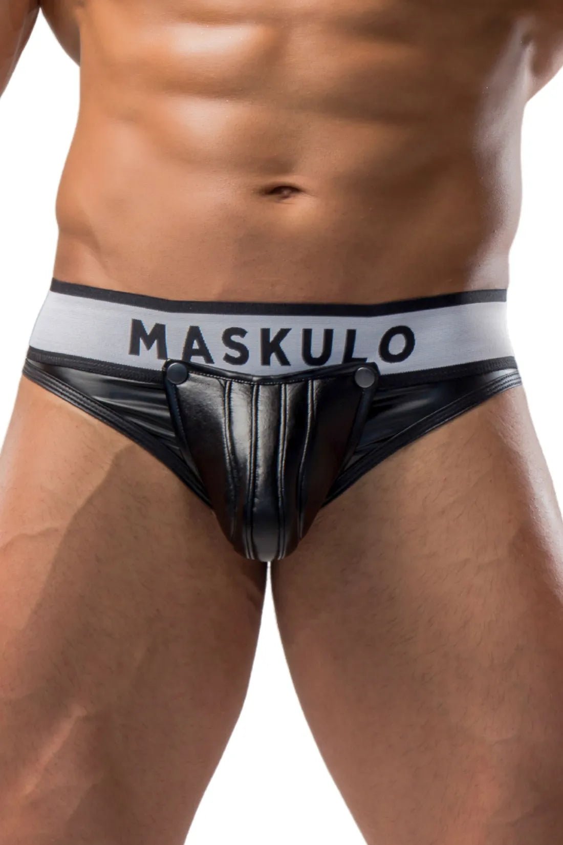 Black thong for men with a detachable codpiece from Maskulo&