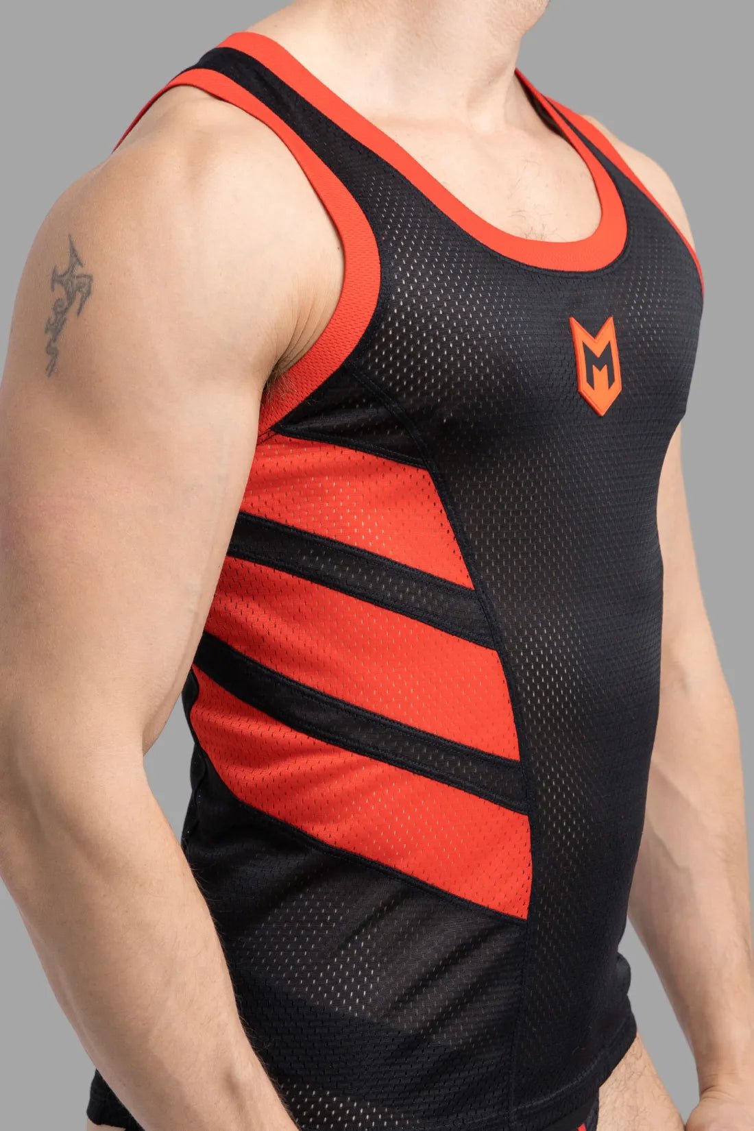 Maskulo Skulla Mesh Tank Top in Black and Red, 100% polyester soft mesh fabric, breathable, contrastive sides, and PVC &