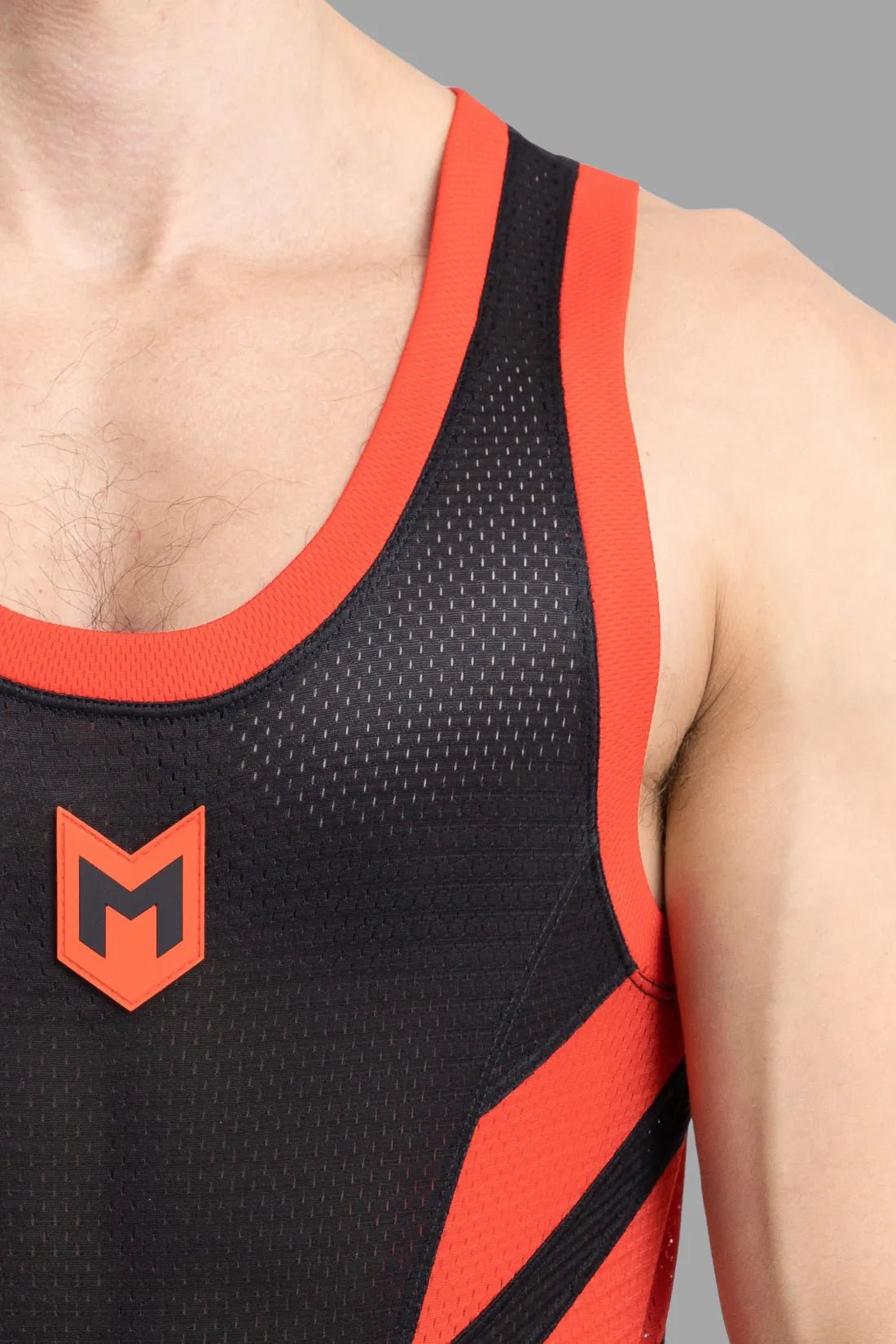 Maskulo Skulla Mesh Tank Top in Black and Red, 100% polyester soft mesh fabric, breathable, contrastive sides, and PVC &