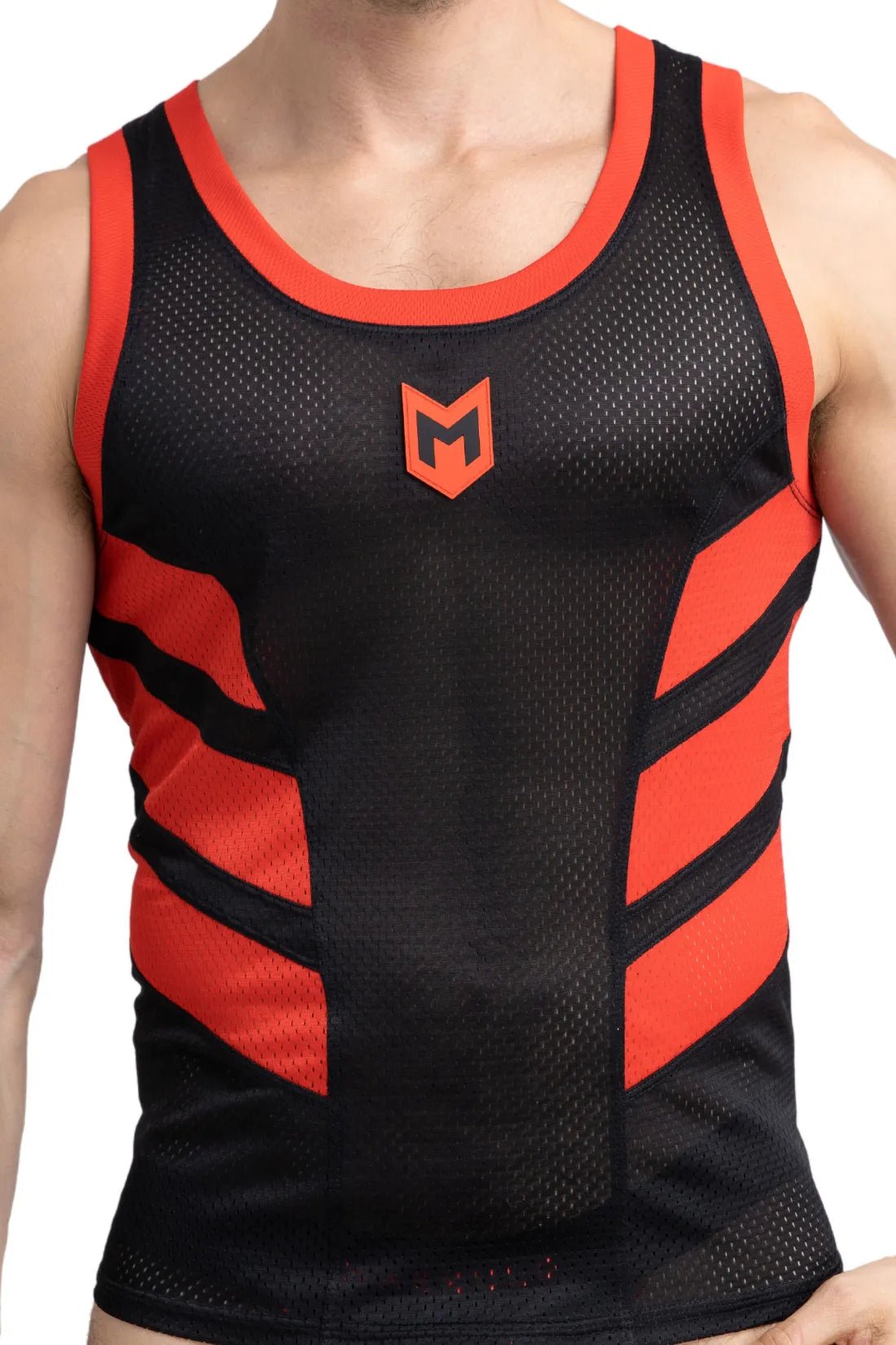Maskulo Skulla Mesh Tank Top in Black and Red, 100% polyester soft mesh fabric, breathable, contrastive sides, and PVC &