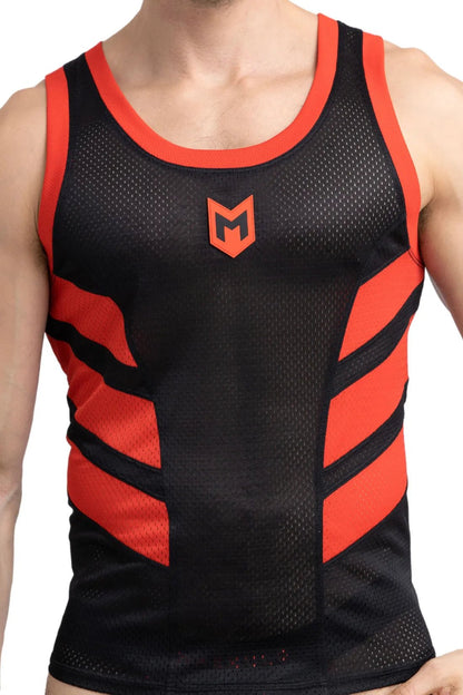 Maskulo Skulla Mesh Tank Top in Black and Red, 100% polyester soft mesh fabric, breathable, contrastive sides, and PVC &