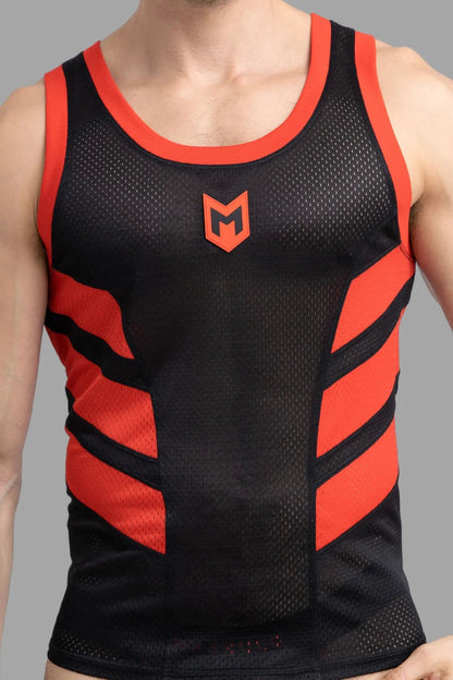Maskulo Skulla Mesh Tank Top in Black and Red, 100% polyester soft mesh fabric, breathable, contrastive sides, and PVC &