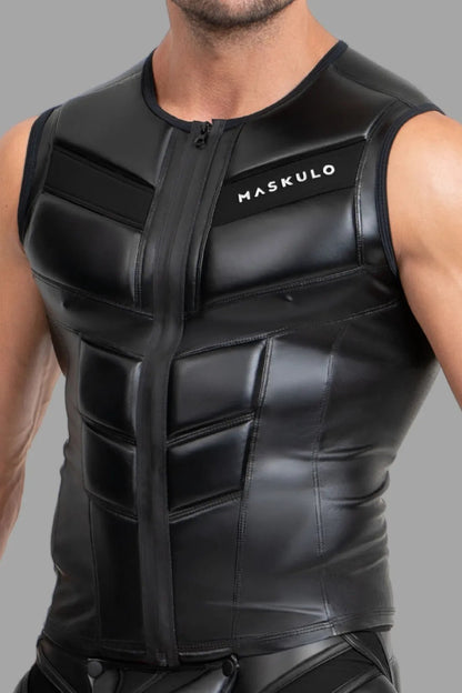 Maskulo Black Zippered Vest with rubberized zipper, PU leather pads, and breathable side panels. Polyester/polyurethane/elastane blend top.