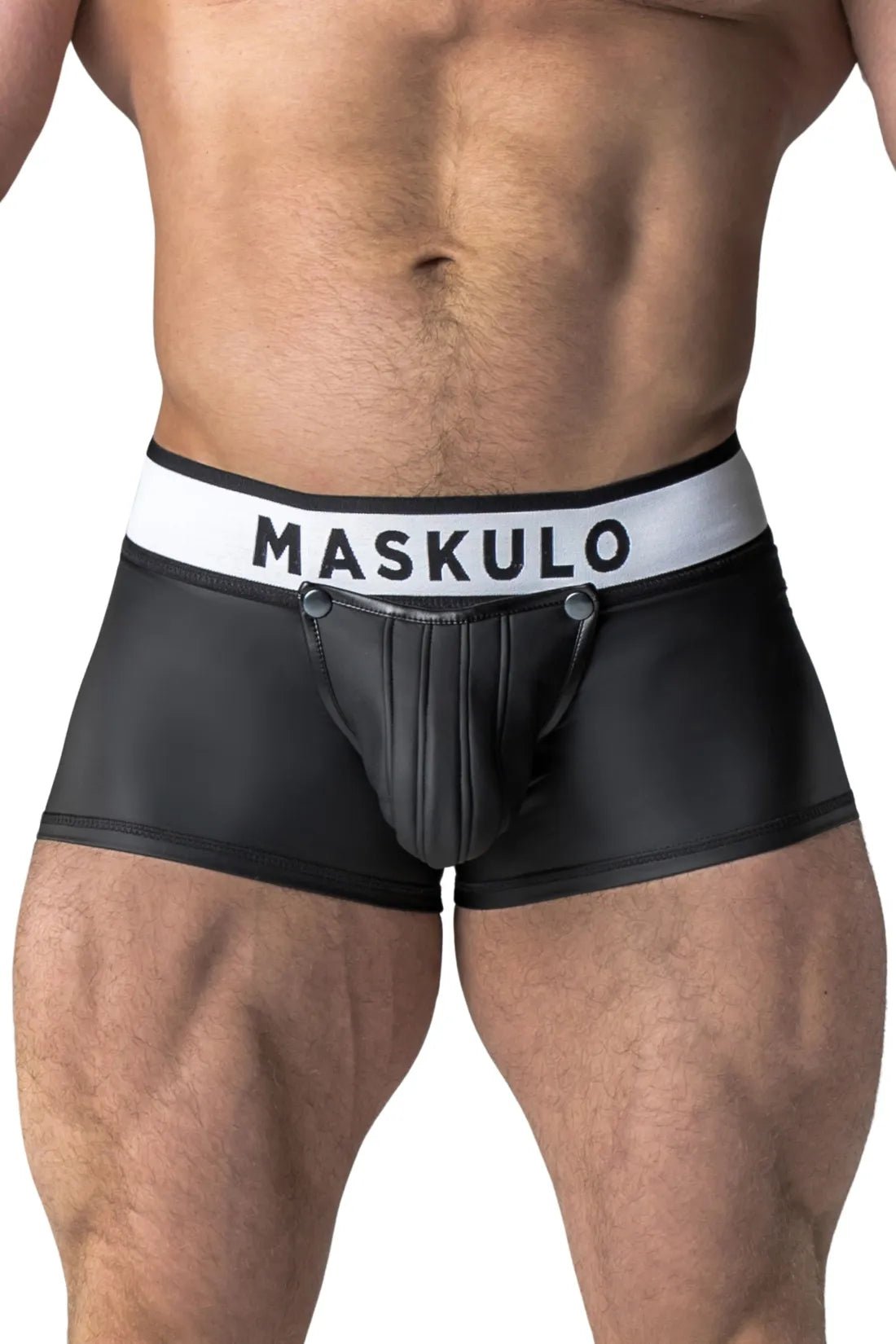 Black rubber-look trunks with detachable pouch and open rear, in XL size, for Maskulo Global (EU) online store. High-quality fashion.