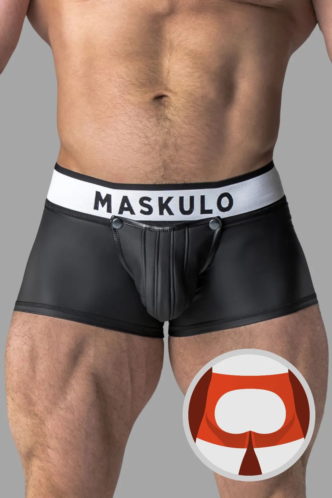 Maskulo rubber look trunk shorts in black for men, featuring a detachable pouch and an open rear. Made of polyester, polyurethane, and elastane.