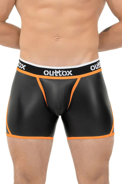 Outtox Wrap-Rear Short Tights with Snap Codpiece in Black &amp; Orange by Maskulo. Tight-fit shorts, perforated material.