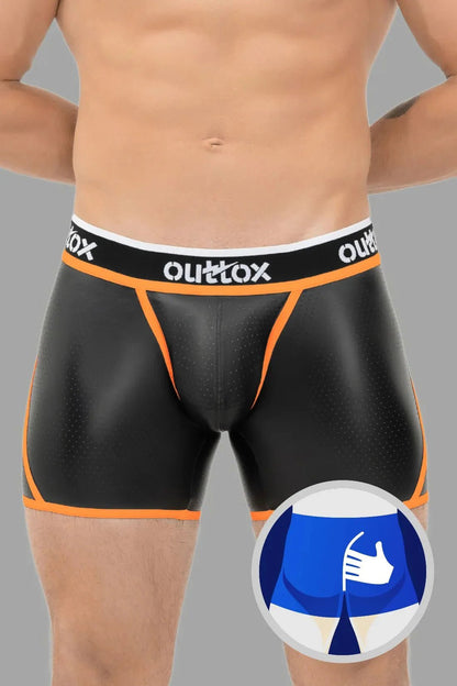 Outtox by Maskulo Wrap-Rear Short Tights with Snap Codpiece in Black and Orange. Tight-fit, perforated shorts for daring wear.