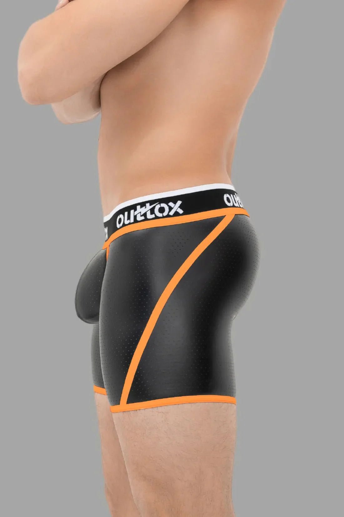 Outtox wrap rear short tights with snap codpiece in black and orange from Maskulo Global (EU) online store. Durable fashion for adults.