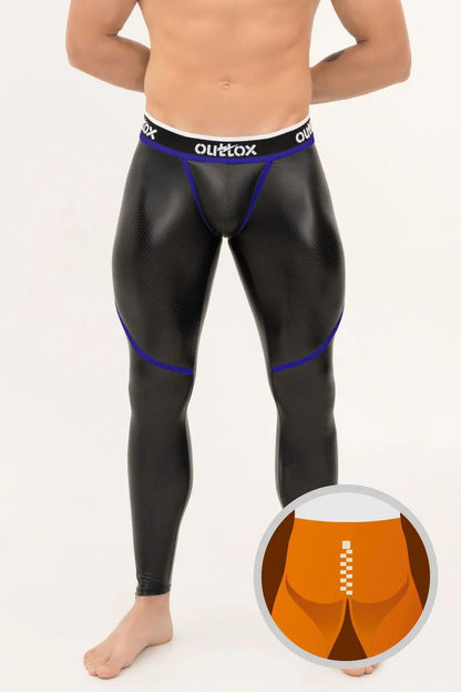 Outtox black and royal blue zip-rear leggings by Maskulo. Compression long tights with a snap codpiece for easy access and comfortable wear.