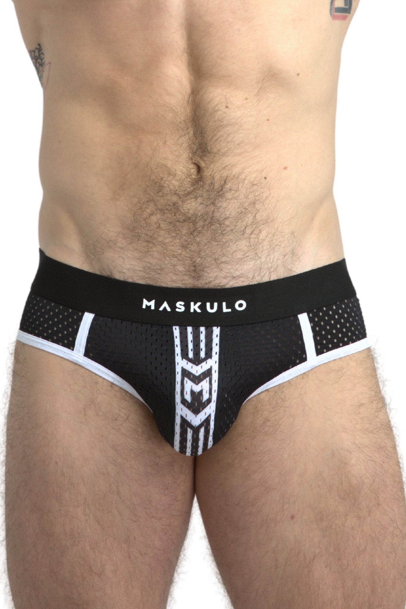 Printed Mesh Briefs in Black and White from Maskulo Global (EU) online Store. High-quality underwear for comfort and style.