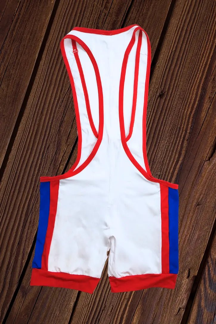 Sven Grapple Spandex Wrestling Singlet in white and red from Maskulo. Athletic one-piece garment for men.
