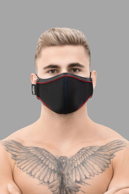 Outtox by Maskulo Everyday Mask in Black and Red. Polyester/elastane blend neoprene fashion face mask with adjustable ear straps.