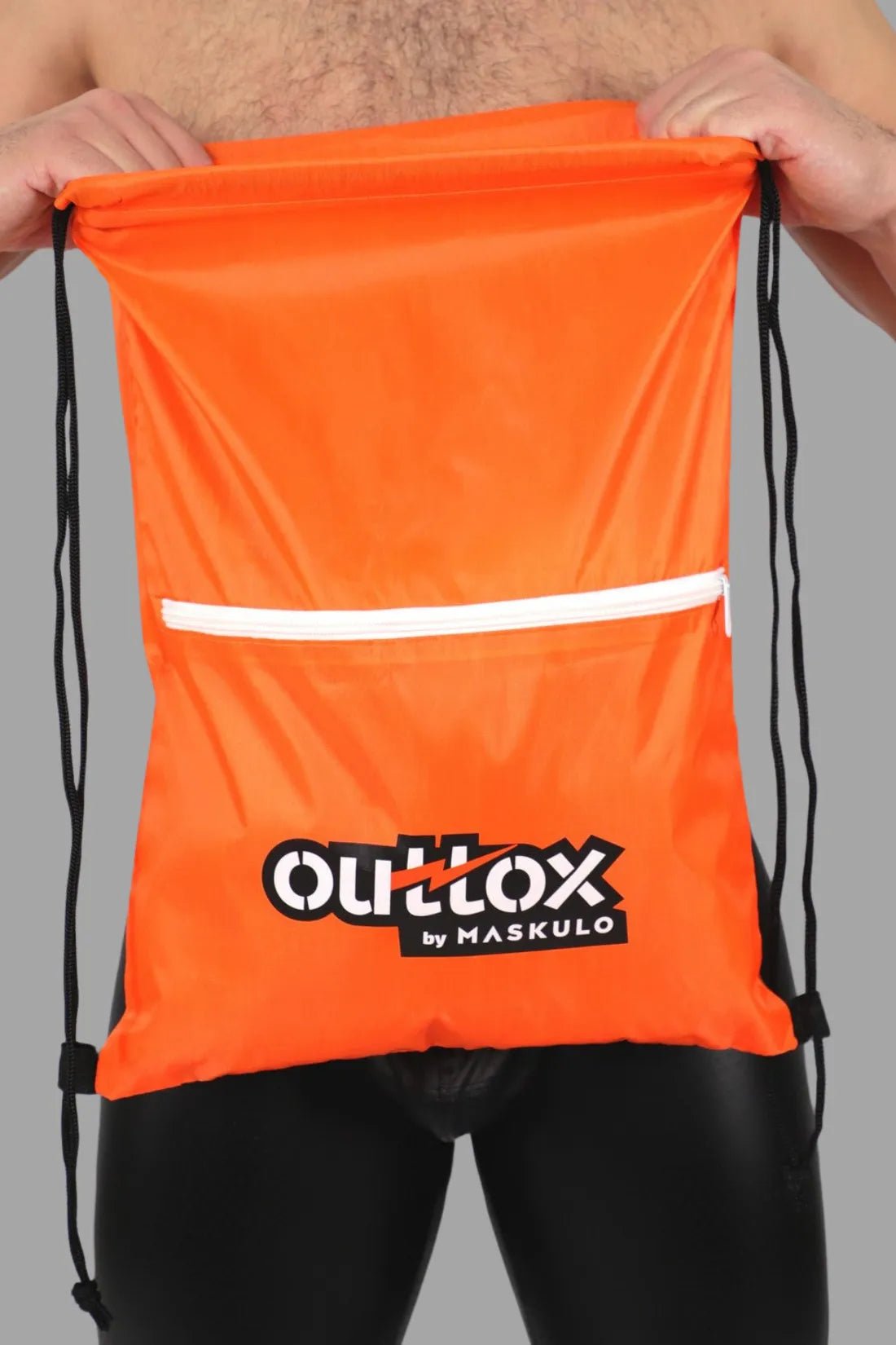 Outtox Drawstring Bag in vibrant orange from Maskulo Global (EU). Durable and functional accessory for carrying essentials.