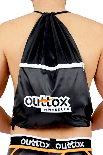 Outtox by Maskulo Black Drawstring Bag: durable 100% polyester backpack, 35x48 cm, with zippered external pocket for travel and daily use.