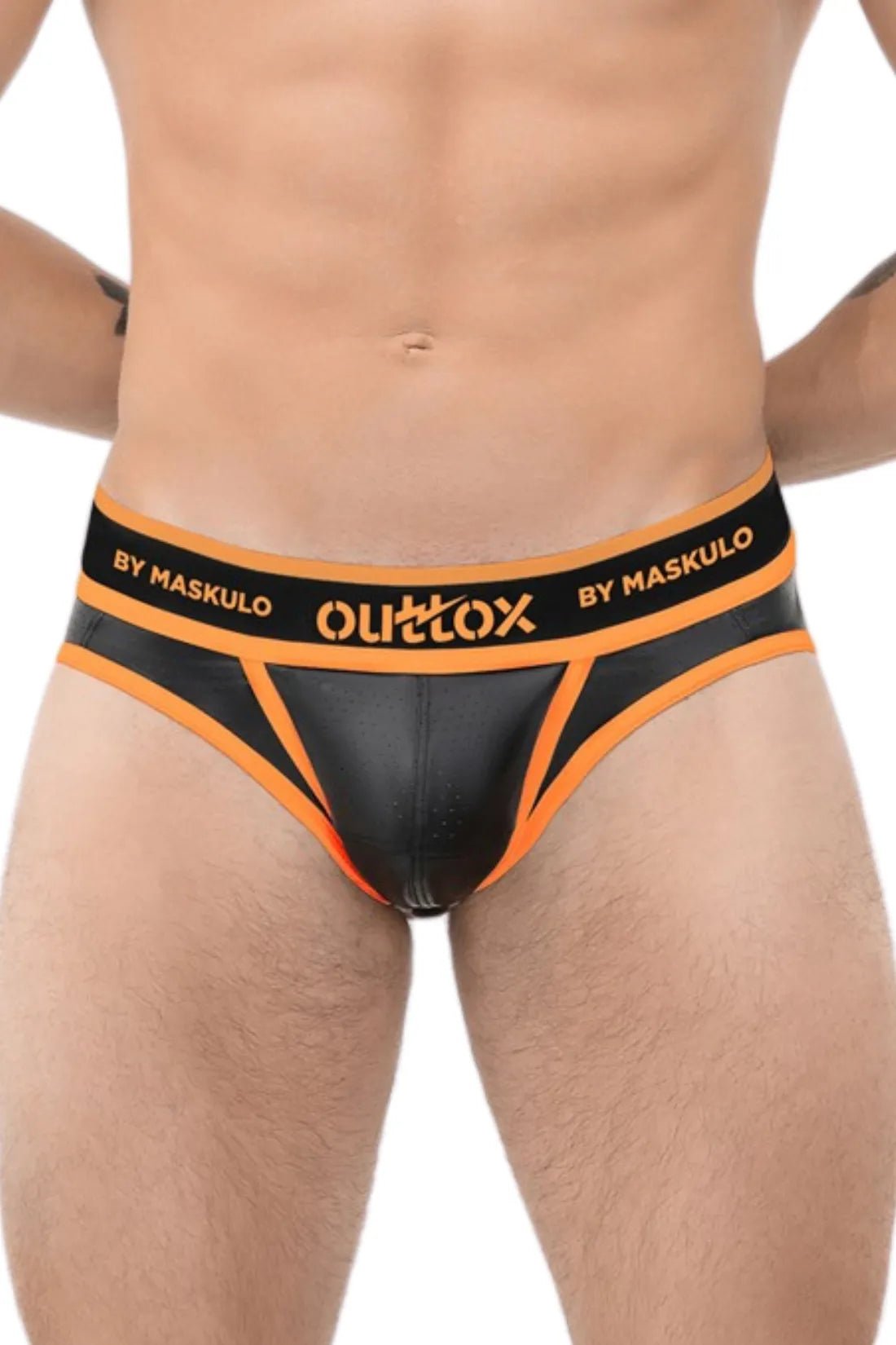 Outtox by Maskulo Open Rear Briefs with Snap Codpiece in Orange, size M. New male adult underwear, SKU XBR113-Y2.