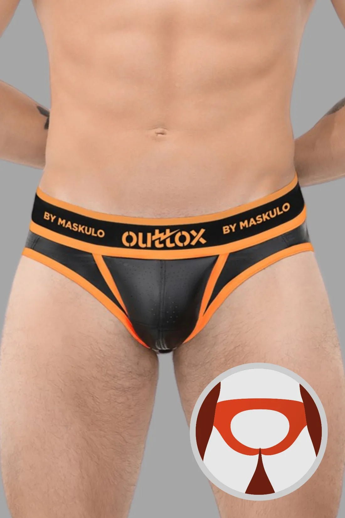 Outtox by Maskulo orange open rear briefs with snap codpiece (XBR113) for men, displayed on a model in a fashion studio setting.