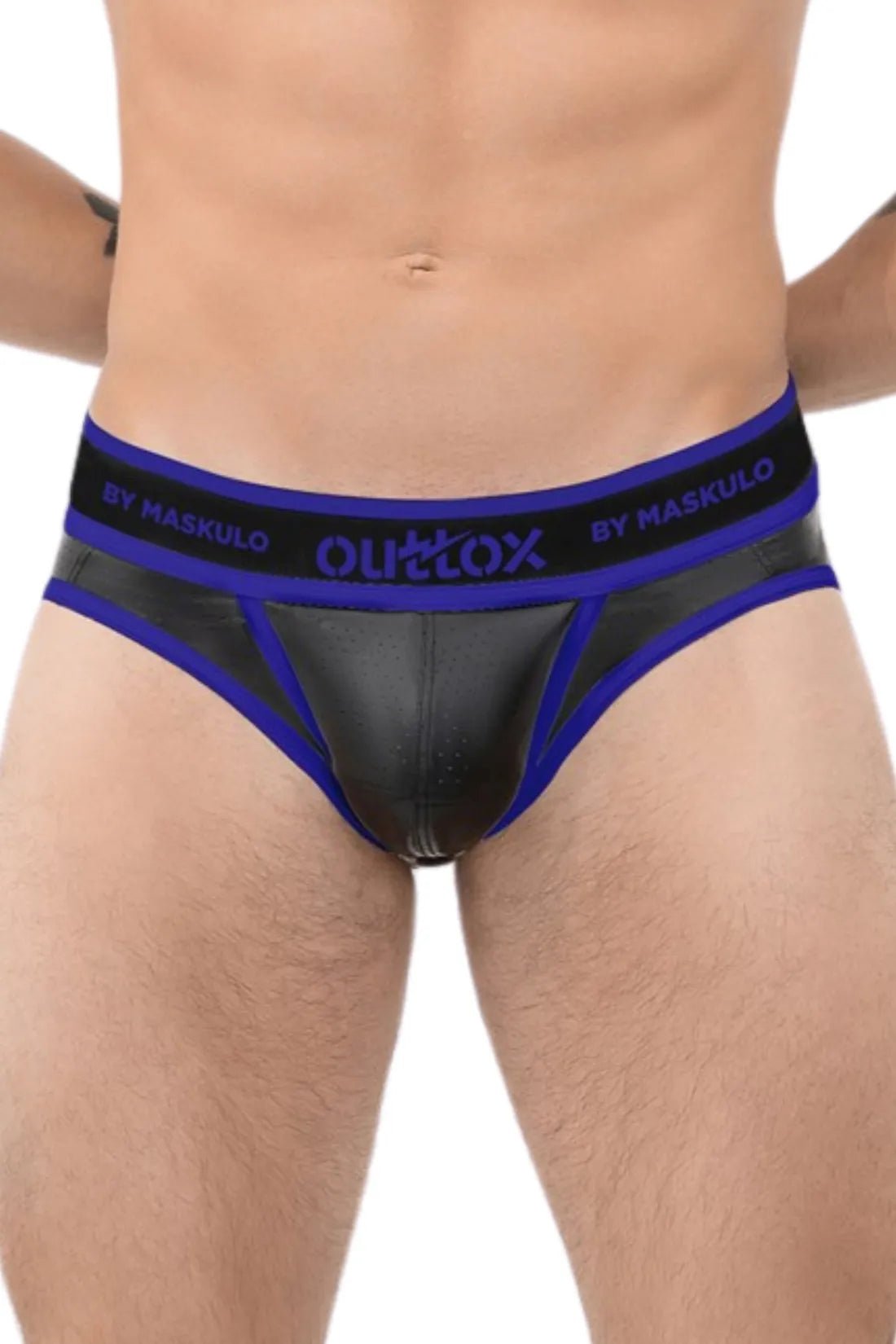 Outtox by Maskulo open rear briefs with snap codpiece in blue, size L, for men. Style XBR114-Y3. New, available from Maskulo Global (EU) shop.