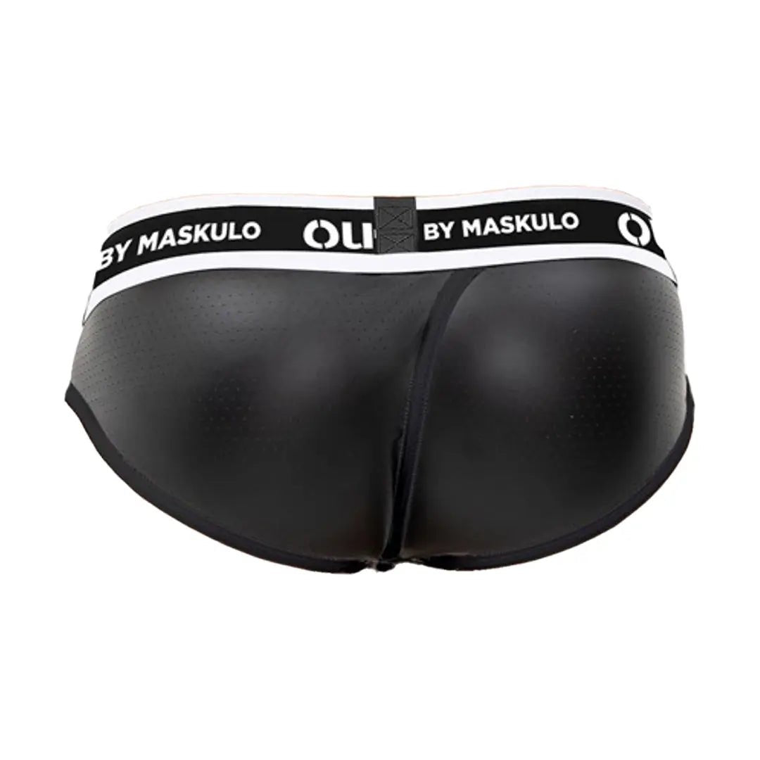 Maskulo Outtox Wrapped Rear Briefs with Snap Codpiece in Black. Fetish leather-look underwear with slotted backwrap for easy access.